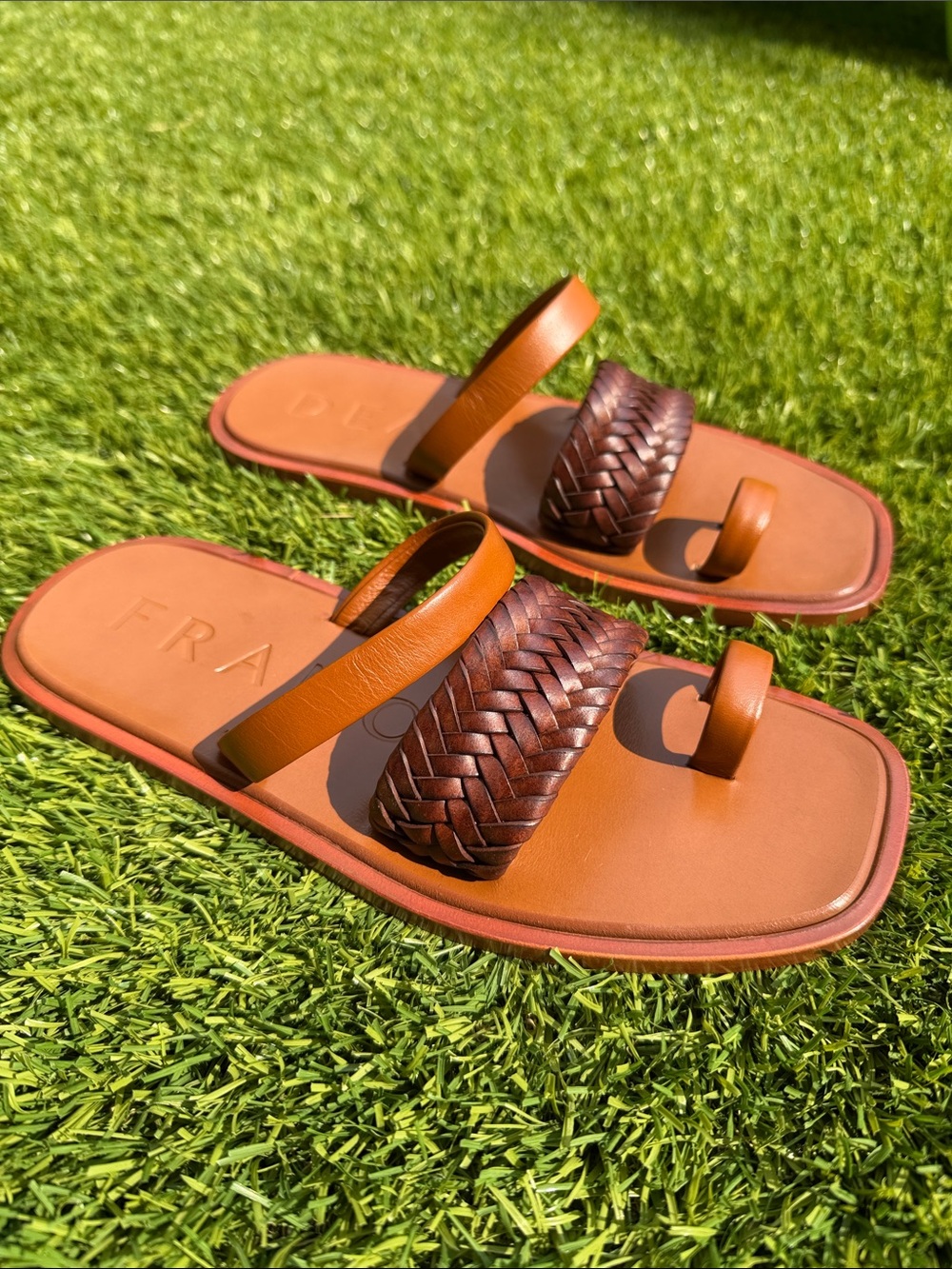 Dear Frances Brown and Tan Braided Leather Slide Sandals